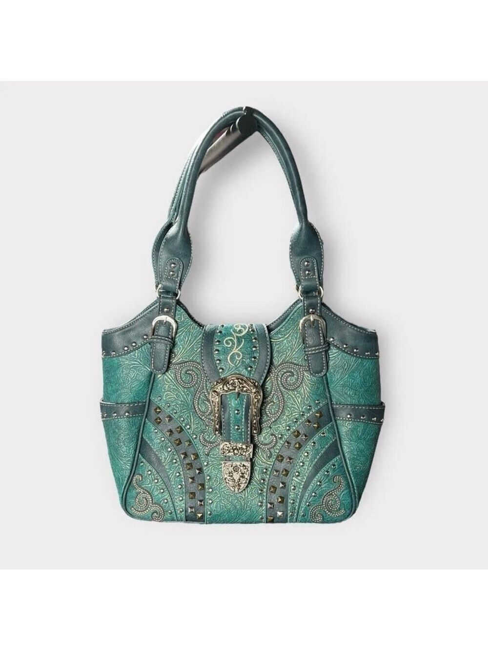 Teal Western Shoulder Bag Tooling Studded Bling Purse Accessory Turquoise Silver - Picture 2 of 2